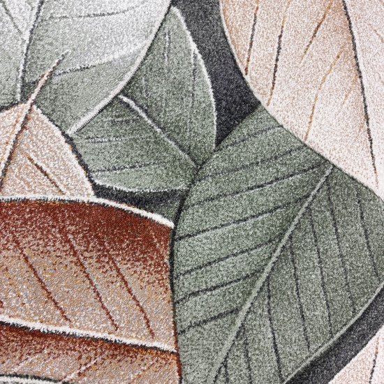 Preview: Teppich mit Blattmuster in grün / beige / braun – pflegeleicht & modern für Wohnzimmer und Schlafzimmer