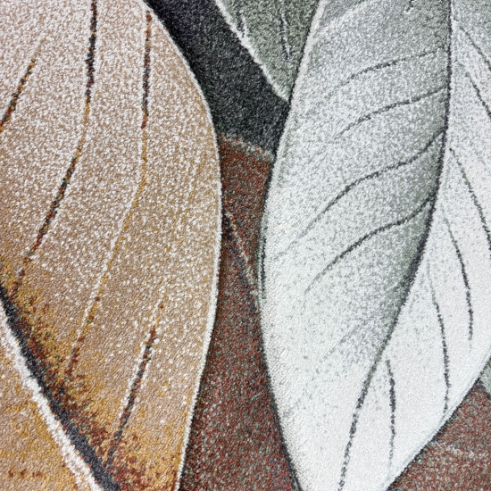 Teppich mit Blattmuster in grün / beige / braun – pflegeleicht & modern für Wohnzimmer und Schlafzimmer
