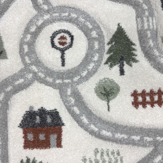 Preview: Runder Spielteppich mit Straßenmotiv fürs Kinderzimmer Weich & Pflegeleicht in creme pastelltönen