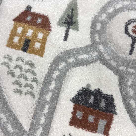 Preview: Runder Spielteppich mit Straßenmotiv fürs Kinderzimmer Weich & Pflegeleicht in creme pastelltönen