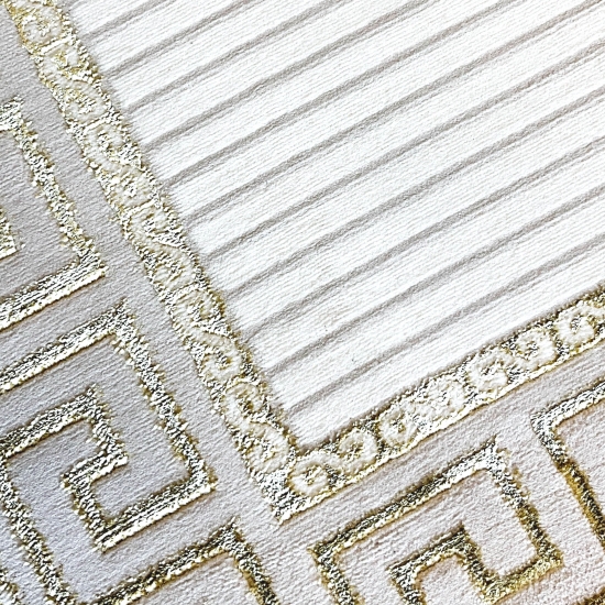 Orientalischer Designerteppich mit glänzendem Ornament in weiß-gold