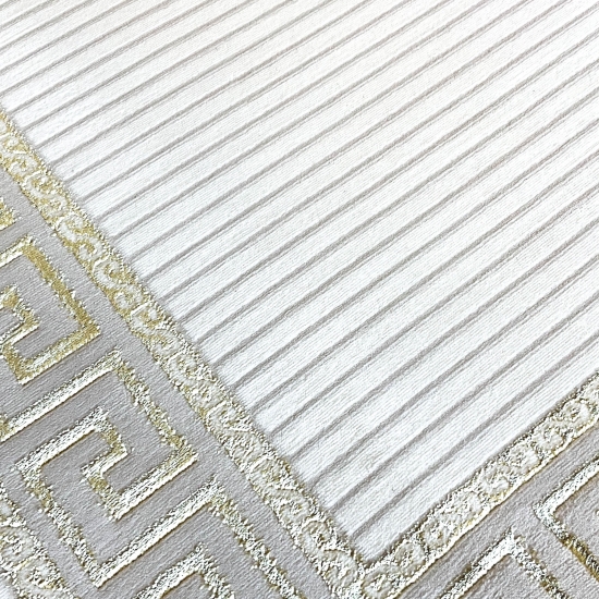 Orientalischer Designerteppich mit glänzendem Ornament in weiß-gold