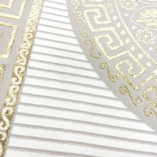 Orientalischer Designerteppich mit glänzendem Ornament in weiß-gold