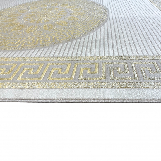 Orientalischer Designerteppich mit glänzendem Ornament in weiß-gold