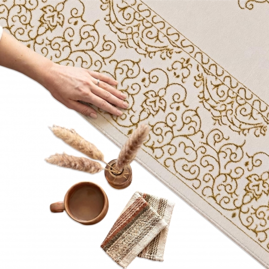 Preview: Teppich Creme Gold Ornament Design Wohnzimmer