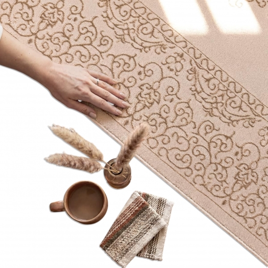Preview: Teppich Beige Ornament Design wohnlich Wohnzimmer