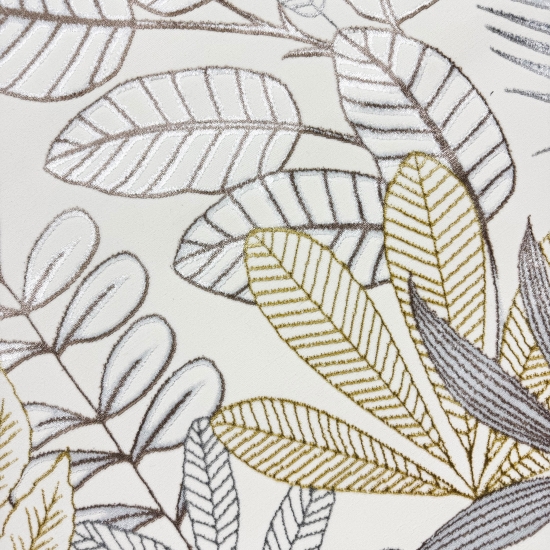 Moderner Kurzflorteppich Creme Blätterdesign mit Glanzoptik für Wohnzimmer Schlafzimmer und Flur