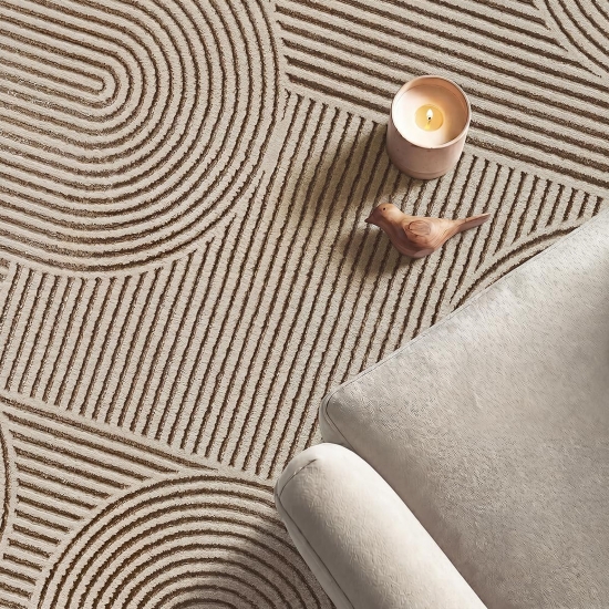 Preview: Teppich Beige Linien Muster modern Wohnzimmer