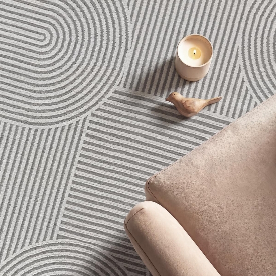 Preview: Teppich Grau Linien Design modern Wohnzimmer