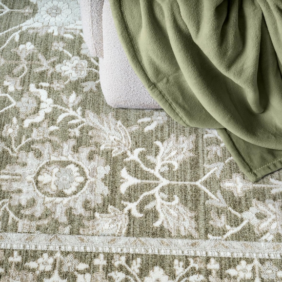 Preview: Teppich Grün Beige Vintage floral elegant weich Wohnzimmer stilvoll