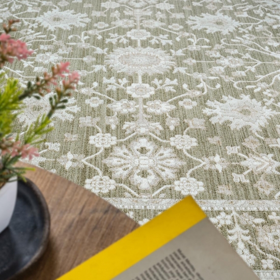 Preview: Teppich Grün Beige Vintage floral elegant weich Wohnzimmer stilvoll