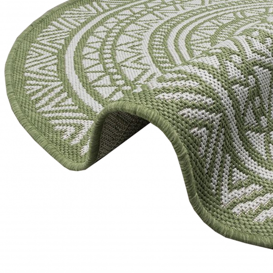 Eleganter runder Outdoor-Teppich mit Ethno-Muster – Stilvolles Grün und Weiß, wetterfest und pflegeleicht