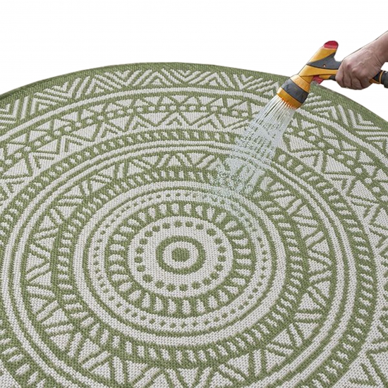 Eleganter runder Outdoor-Teppich mit Ethno-Muster – Stilvolles Grün und Weiß, wetterfest und pflegeleicht
