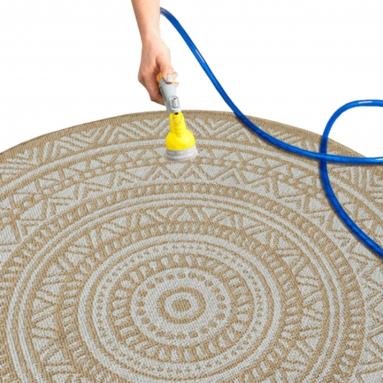 Ethno-Outdoor-Teppich Terrassenteppich rund in Beige und Weiß – Modern, robust und vielseitig