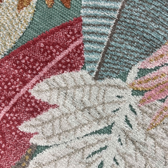 Moderner In- & Outdoor Teppich flachgewebt UV-beständig & robust mit Blattdesign Grün Rot Beige