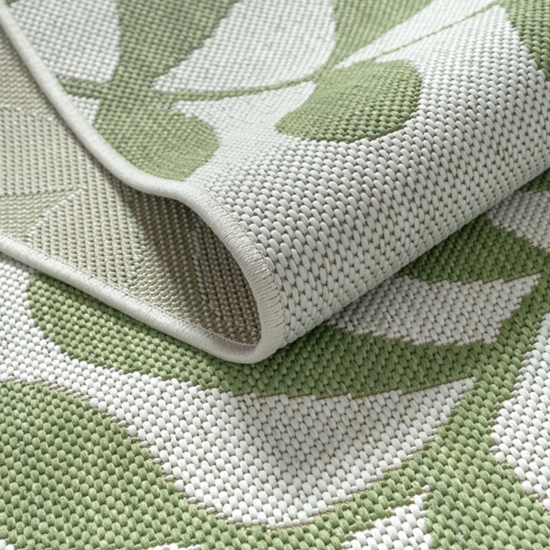 Preview: Outdoor Teppich Grün Weiß mit Blättermuster für Balkon Terrasse
