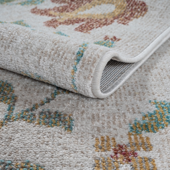 Preview: Teppich Outdoor Wohnzimmerteppich creme mit buntem Blumenmuster