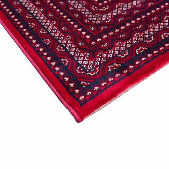 Preview: Teppich Rot mit geometrischem Allover Muster und breiter Bordüre