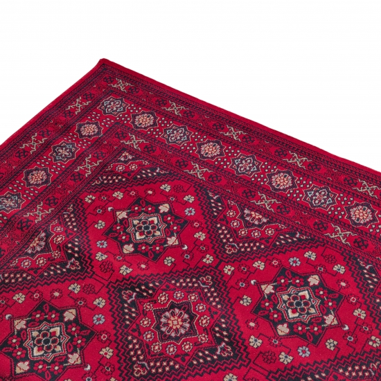 Preview: Teppich Rot mit geometrischen Medaillons und mehrteiliger Bordüre