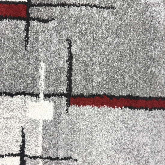 Moderner Teppich mit geometrischem Design in Grau, Weiß und Rot – Wohnzimmerteppich