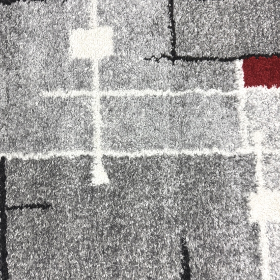 Moderner Teppich mit geometrischem Design in Grau, Weiß und Rot – Wohnzimmerteppich