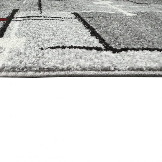 Moderner Teppich mit geometrischem Design in Grau, Weiß und Rot – Wohnzimmerteppich