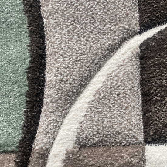Designer Teppich Moderner Teppich Wohnzimmer Teppich Kurzflor Teppich mit Konturenschnitt Karo Muster Pastellfarben Grün Creme Beige Dunkelgrau