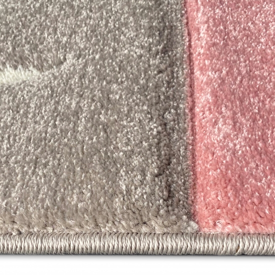Designer Teppich Moderner Teppich Wohnzimmer Teppich Kurzflor Teppich mit Konturenschnitt Karo Muster Pastellfarben Rosa Creme Beige Dunkelgrau