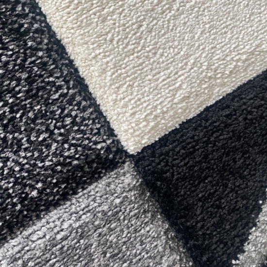 Designer Teppich Moderner Teppich Wohnzimmer Teppich Kurzflor Teppich mit Konturenschnitt Karo Muster Grau Weiss Schwarz