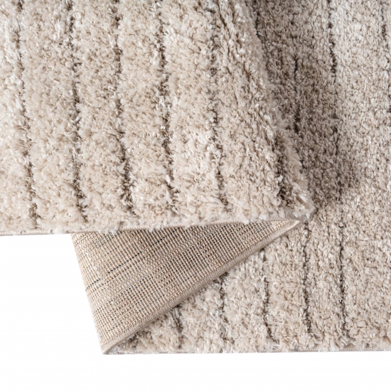 Teppich Beige mit Linienmuster weich pflegeleicht fürs Wohnzimmer