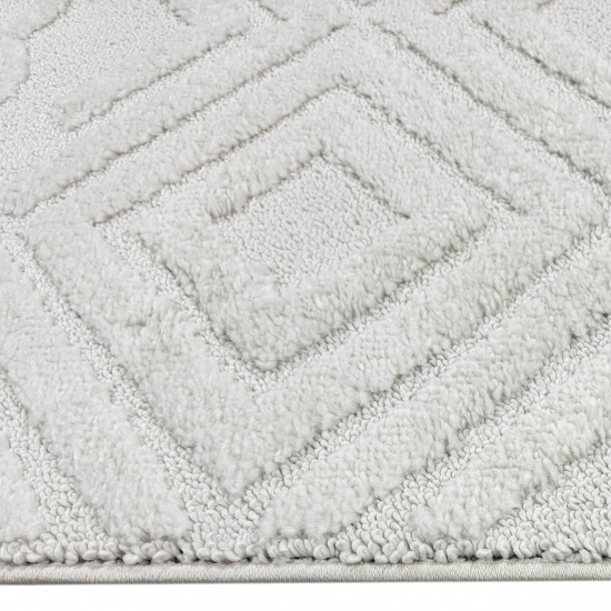 Boho Wohnzimmerteppich mit Rauten und Kreisen in Creme