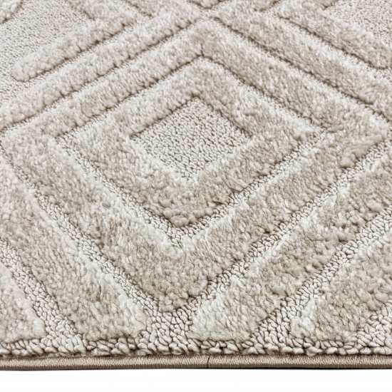 Wohnzimmerteppich Boho Style gemustert mit Rauten und Kreisen in Beige