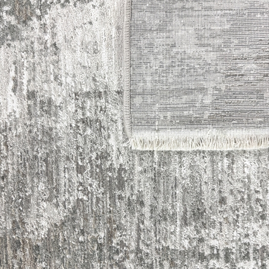Teppich Grau Creme mit abstrakter Struktur, Fransen und modernem Design