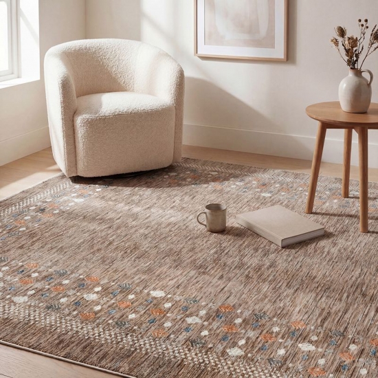 Preview: Teppich Dunkelbeige mit Bordürenmuster, Fransen und modernem Design