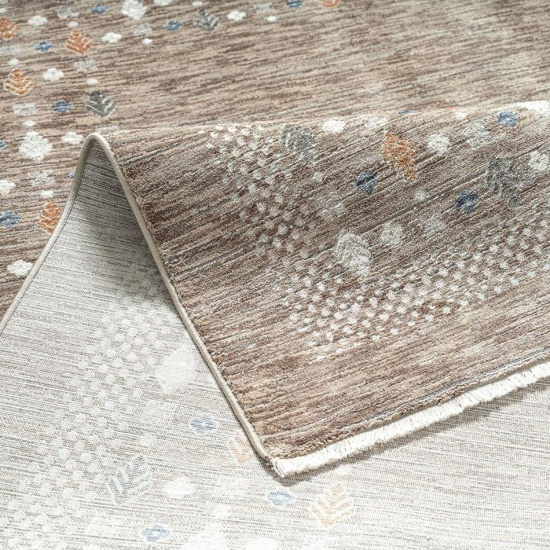 Teppich Dunkelbeige mit Bordürenmuster, Fransen und modernem Design