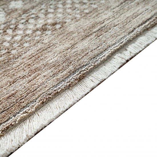 Teppich Dunkelbeige mit Bordürenmuster, Fransen und modernem Design