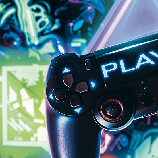 Gaming-Teppich mit lebendigen neon-farbigen Symbolen und schwebendem Controller