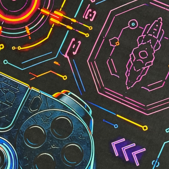 Preview: Waschbarer Teppich mit Controller-Motiv in Neonfarben auf schwarzem Grund