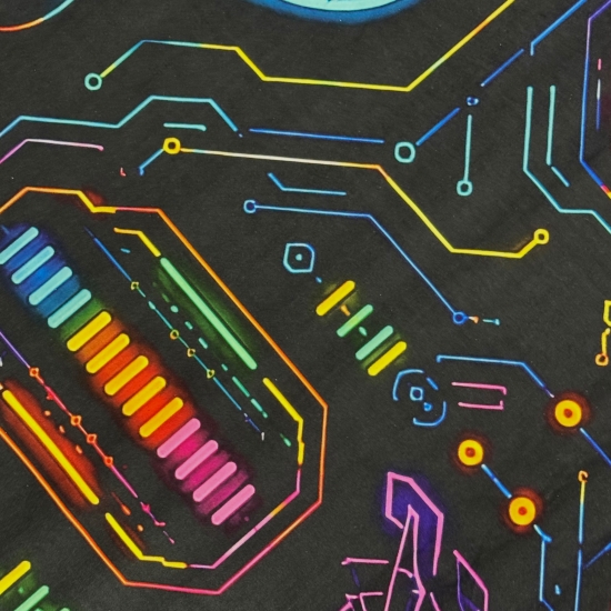 Preview: Waschbarer Teppich mit Controller-Motiv in Neonfarben auf schwarzem Grund