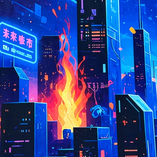 Preview: Waschbarer Teppich mit Neonstadt-Motiv in Schwarz Blau und grafischen Lichtlinien