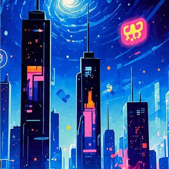 Preview: Waschbarer Teppich mit Neonstadt-Motiv in Schwarz Blau und grafischen Lichtlinien