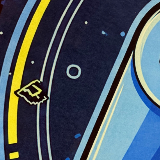 Preview: Waschbarer Runder Teppich mit blauem Controllermotiv und bunten Pixelakzenten