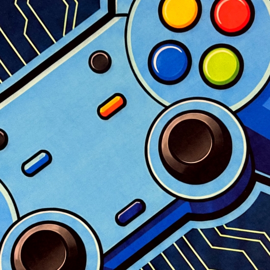 Preview: Waschbarer Runder Teppich mit blauem Controllermotiv und bunten Pixelakzenten