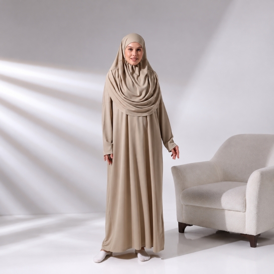 Preview: Gebetskleid Beige mit Kopfbedeckung, weitem Schnitt und Tragebeutel