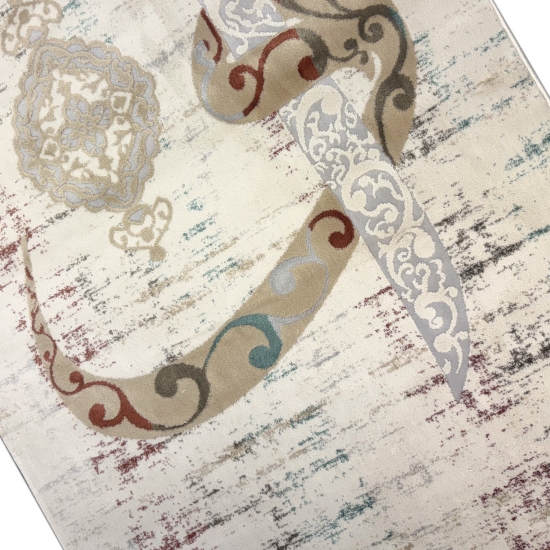 Preview: Gebetsteppich mit arabischer Kalligrafie und Ornamentmotiv in hellen Naturtönen