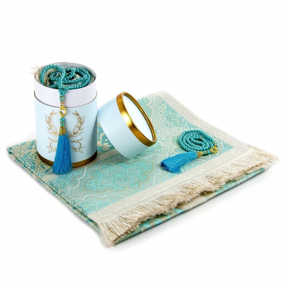 Preview: Gebetsteppich Taftstoff Türkis mit Geschenkbox und Gebetskette – edel & praktisch 65 x 110 cm