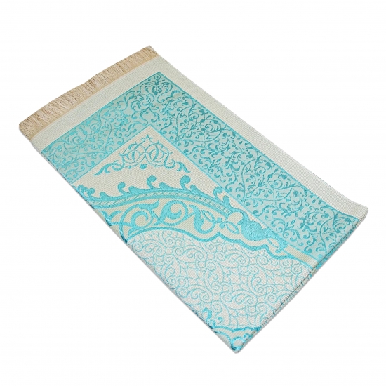 Preview: Gebetsteppich Taftstoff Türkis mit Geschenkbox und Gebetskette – edel & praktisch 65 x 110 cm
