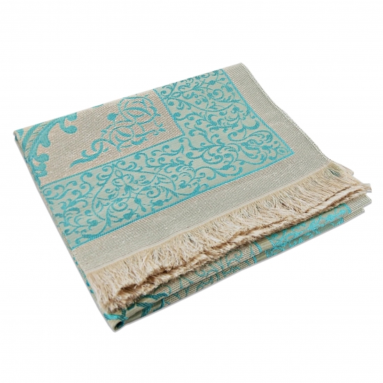 Preview: Gebetsteppich Taftstoff Türkis mit Geschenkbox und Gebetskette – edel & praktisch 65 x 110 cm