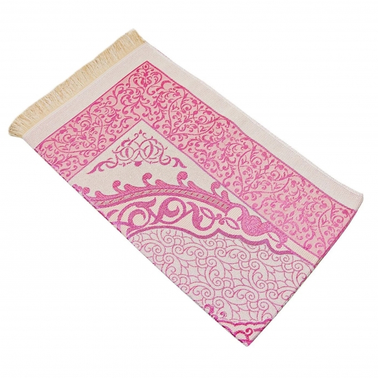 Preview: Gebetsteppich Taftstoff Rosa mit Geschenkbox und Gebetskette – stilvoll & kompakt 65 x 110 cm