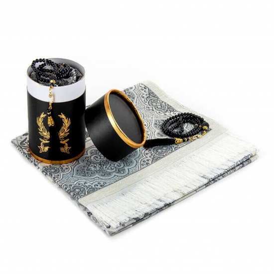 Preview: Gebetsteppich Taftstoff Grau mit Geschenkbox und Gebetskette – dezent & stilvoll 65 x 110 cm